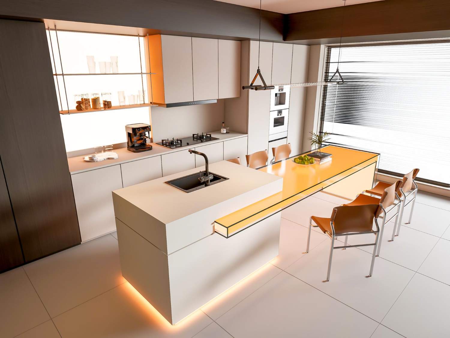 Cocina con isla y mesa integrada: ejemplo de distribución para cocinar y comer sin estorbarse